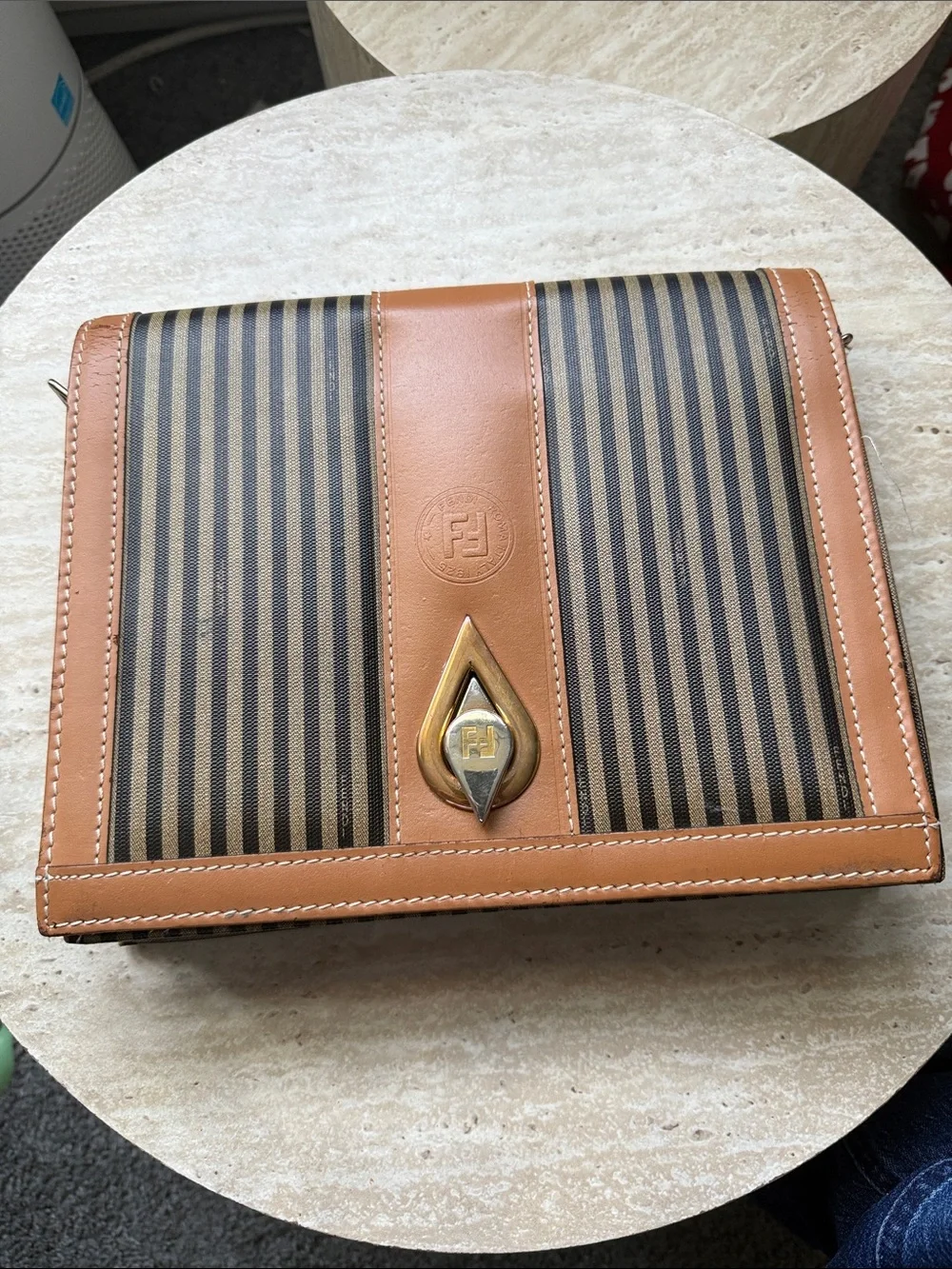 Fendi Brown & Black Striped Leather-Trim Messenger Bag with Gold-Tone Lock